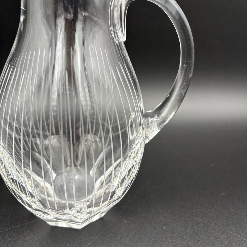 Heavy Crystal Glass Pitcher W/Octagon‎ Bottom Shape  & White Edged Lines 7